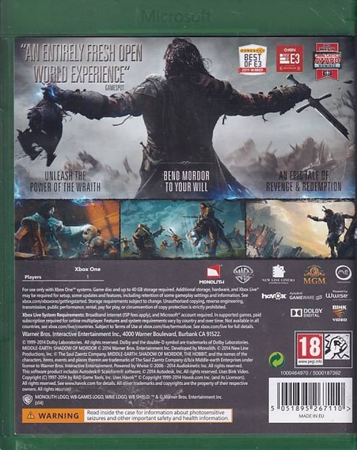 Middle Earth Shadow of Mordor - XBOX One (B Grade) (Genbrug)